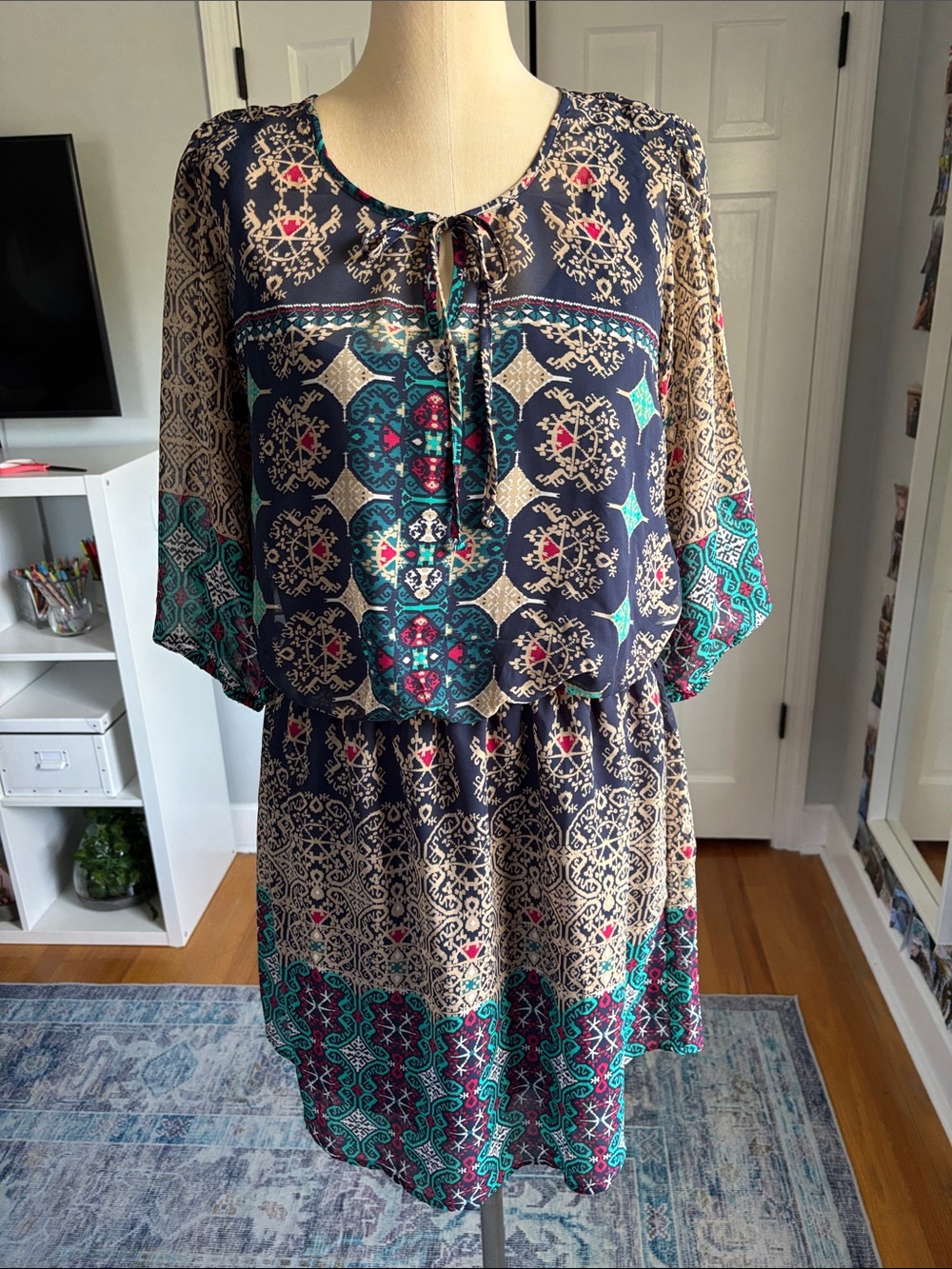 BeBop Navy Boho Print Tie-Front Mini Dress with Teal & Cream Accents